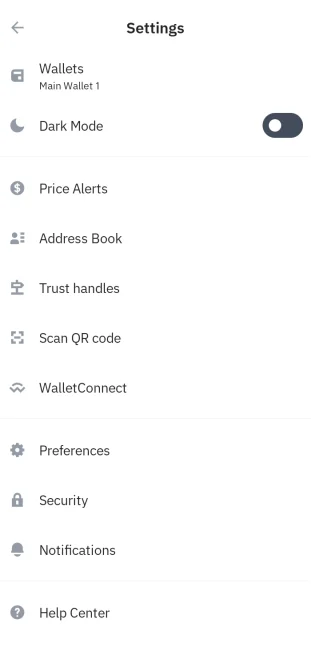 Settings Trust Wallet